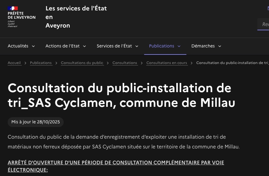 Consultation publique officielle préfectorale pour l'installation de tri SAS Cyclamen à Millau